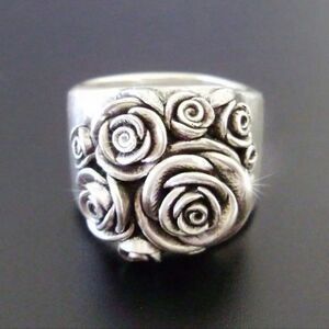 Vintage silver plated rose floral wide band ring Size 7